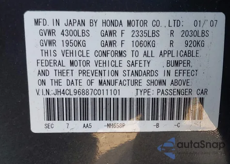 2007 Acura Tsx from USA, damaged, VIN JH4CL96887C011101